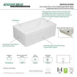Arcticstone GKFA301810DS 30-Inch Solid Surface White Stone Apron-Front Single Bowl Farmhouse Kitchen Sink, Matte White