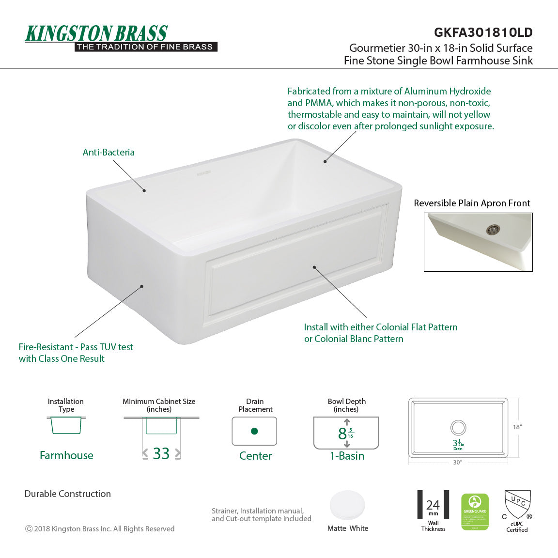 Arcticstone GKFA301810LD 30-Inch Solid Surface White Stone Apron-Front Single Bowl Farmhouse Kitchen Sink, Matte White