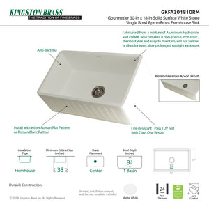 Arcticstone GKFA301810RM 30-Inch Solid Surface White Stone Apron-Front Single Bowl Farmhouse Kitchen Sink, Matte White