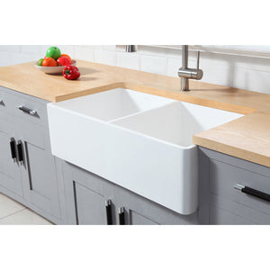 Arcticstone GKFA331810BCD 33-Inch Solid Surface White Stone Apron-Front Double Bowl Farmhouse Kitchen Sink, Matte White