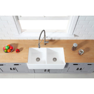 Arcticstone GKFA331810BCD 33-Inch Solid Surface White Stone Apron-Front Double Bowl Farmhouse Kitchen Sink, Matte White