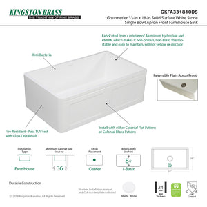 Arcticstone GKFA331810DS 33-Inch Solid Surface White Stone Apron-Front Single Bowl Farmhouse Kitchen Sink, Matte White
