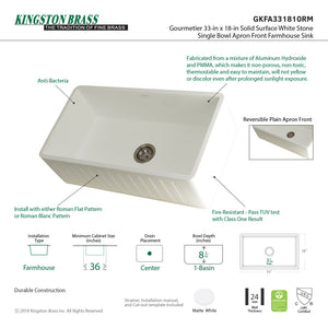 Arcticstone GKFA331810RM 33-Inch Solid Surface White Stone Apron-Front Single Bowl Farmhouse Kitchen Sink, Matte White