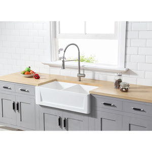 Arcticstone GKFA331810SQD 33-Inch Solid Surface White Stone Apron-Front Double Bowl Farmhouse Kitchen Sink, Matte White