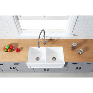 Arcticstone GKFA331810SQD 33-Inch Solid Surface White Stone Apron-Front Double Bowl Farmhouse Kitchen Sink, Matte White