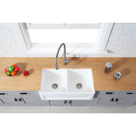 Arcticstone GKFA331810SQD 33-Inch Solid Surface White Stone Apron-Front Double Bowl Farmhouse Kitchen Sink, Matte White