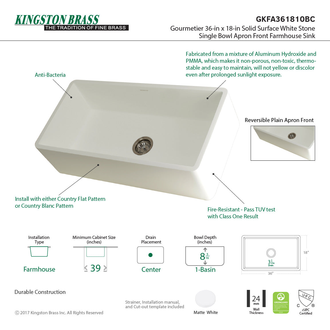 Arcticstone GKFA361810BC 36-Inch Solid Surface White Stone Apron-Front Single Bowl Farmhouse Kitchen Sink, Matte White