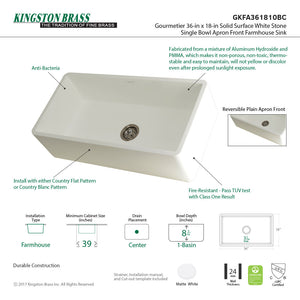 Arcticstone GKFA361810BC 36-Inch Solid Surface White Stone Apron-Front Single Bowl Farmhouse Kitchen Sink, Matte White