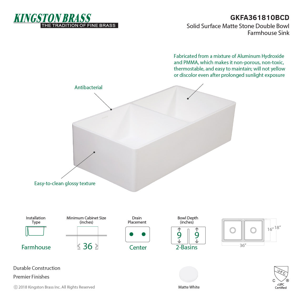 Arcticstone GKFA361810BCD 36-Inch Solid Surface White Stone Apron-Front Double Bowl Farmhouse Kitchen Sink, Matte White