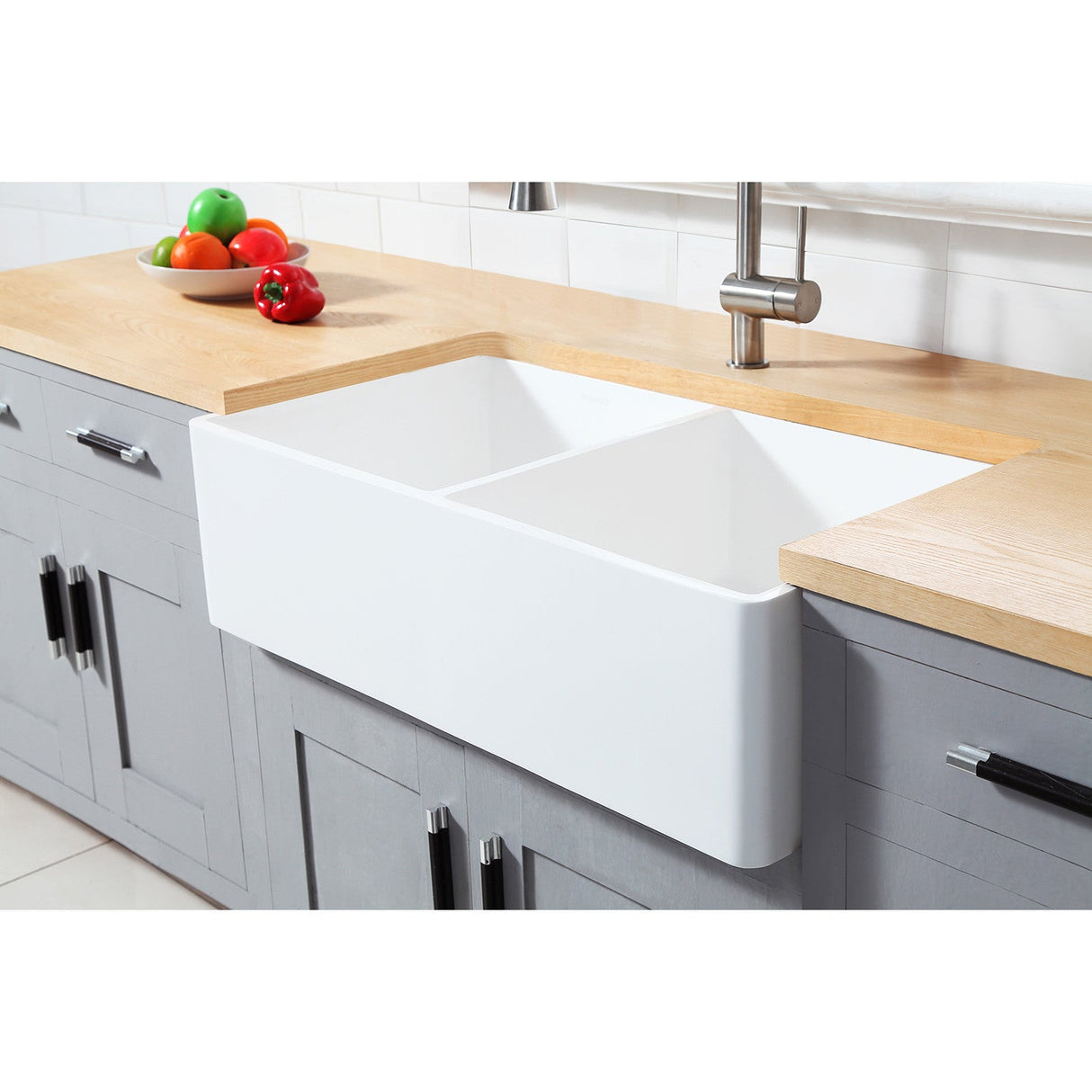 Arcticstone GKFA361810BCD 36-Inch Solid Surface White Stone Apron-Front Double Bowl Farmhouse Kitchen Sink, Matte White