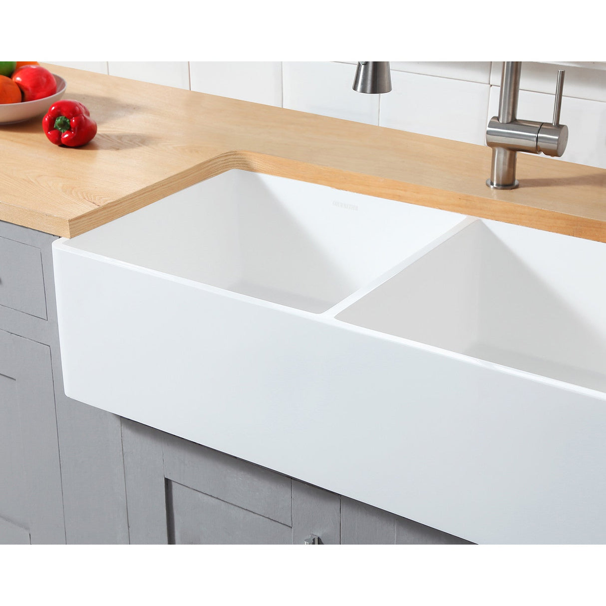 Arcticstone GKFA361810BCD 36-Inch Solid Surface White Stone Apron-Front Double Bowl Farmhouse Kitchen Sink, Matte White