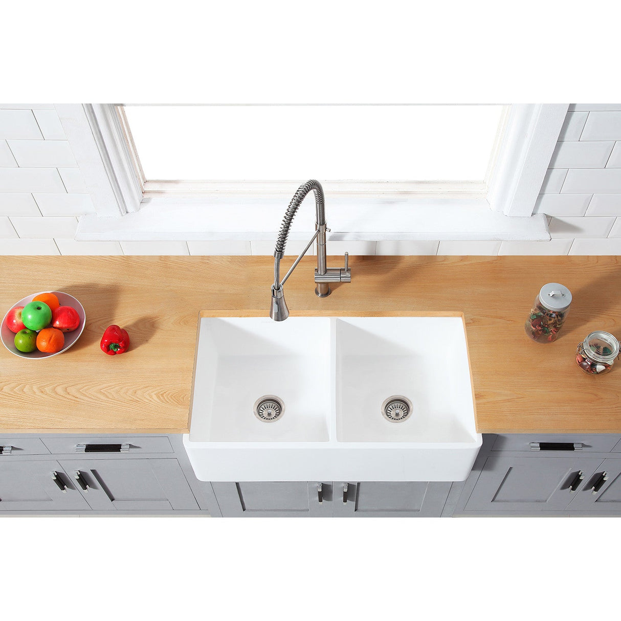 Arcticstone GKFA361810BCD 36-Inch Solid Surface White Stone Apron-Front Double Bowl Farmhouse Kitchen Sink, Matte White