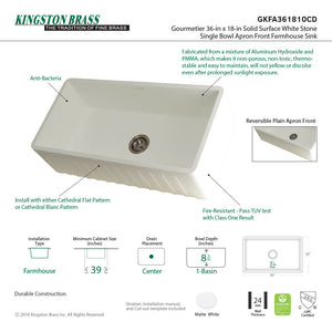 Arcticstone GKFA361810CD 36-Inch Solid Surface White Stone Apron-Front Single Bowl Farmhouse Kitchen Sink, Matte White