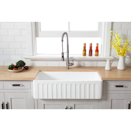 Arcticstone GKFA361810CD 36-Inch Solid Surface White Stone Apron-Front Single Bowl Farmhouse Kitchen Sink, Matte White