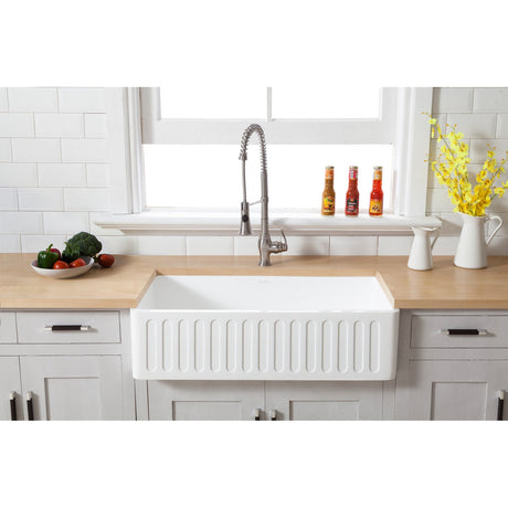Arcticstone GKFA361810RM 36-Inch Solid Surface White Stone Apron-Front Single Bowl Farmhouse Kitchen Sink, Matte White