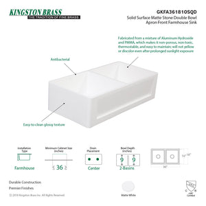 Arcticstone GKFA361810SQD 36-Inch Solid Surface White Stone Apron-Front Double Bowl Farmhouse Kitchen Sink, Matte White