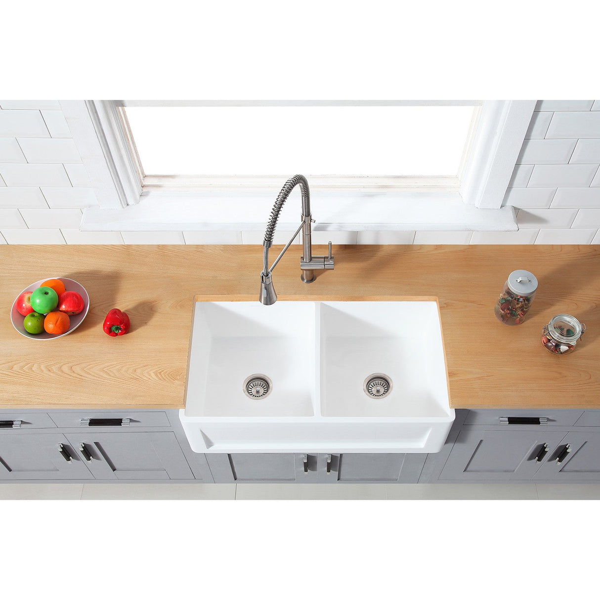 Arcticstone GKFA361810SQD 36-Inch Solid Surface White Stone Apron-Front Double Bowl Farmhouse Kitchen Sink, Matte White