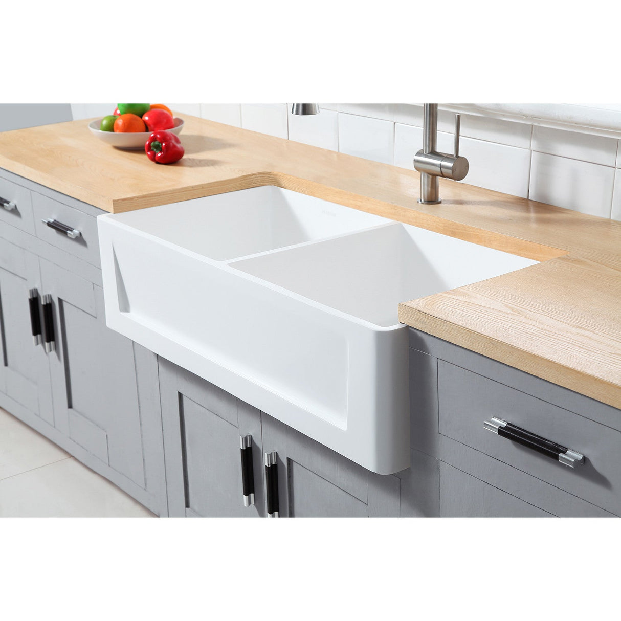 Arcticstone GKFA361810SQD 36-Inch Solid Surface White Stone Apron-Front Double Bowl Farmhouse Kitchen Sink, Matte White