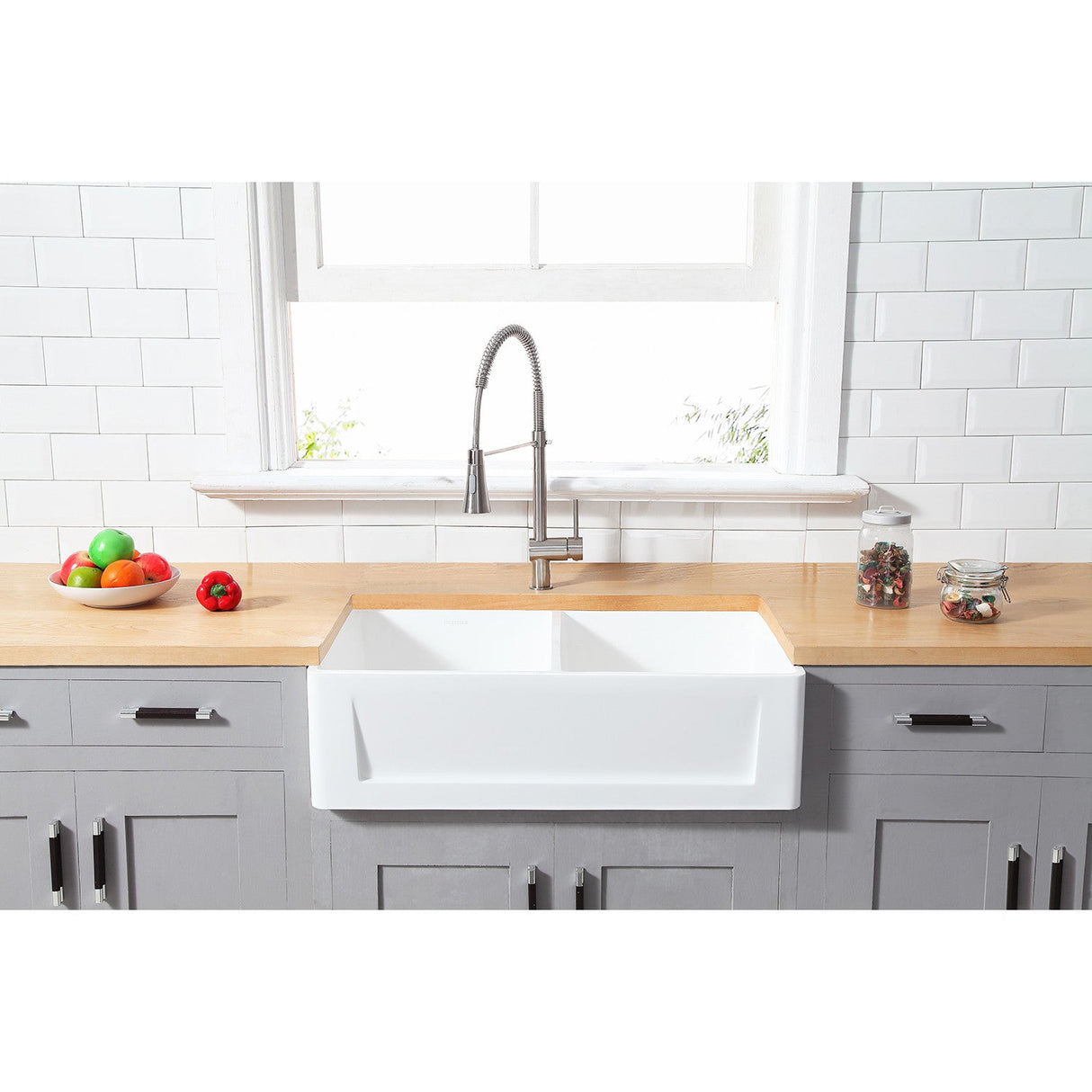 Arcticstone GKFA361810SQD 36-Inch Solid Surface White Stone Apron-Front Double Bowl Farmhouse Kitchen Sink, Matte White