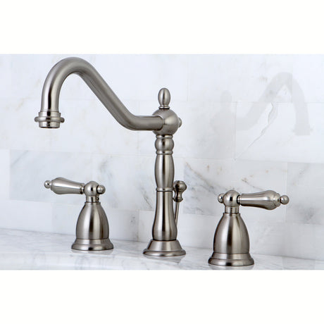 Heritage GKS1998AL Two-Handle 3-Hole Deck Mount Widespread Bathroom Faucet with Brass Pop-Up, Brushed Nickel
