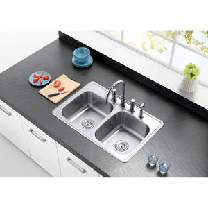 Studio GKTD33226 33-Inch Stainless Steel Self-Rimming 4-Hole Double Bowl Drop-In Kitchen Sink, Brushed