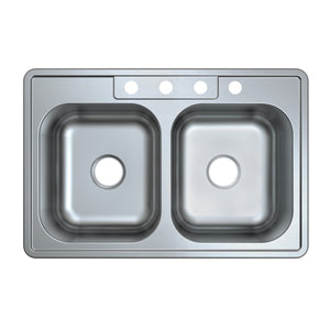 Studio GKTD33228 33-Inch Stainless Steel Self-Rimming 4-Hole Double Bowl Drop-In Kitchen Sink, Brushed