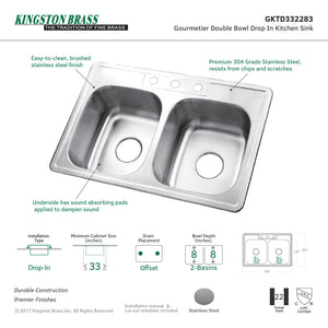 Studio GKTD332283 33-Inch Stainless Steel Self-Rimming 3-Hole Double Bowl Drop-In Kitchen Sink, Brushed