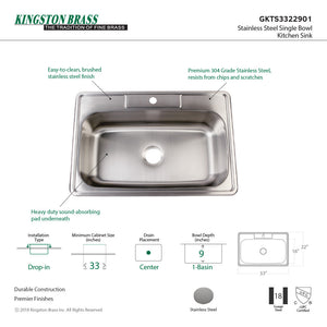 Studio GKTS3322901 33-Inch Stainless Steel Self-Rimming 1-Hole Single Bowl Drop-In Kitchen Sink, Brushed