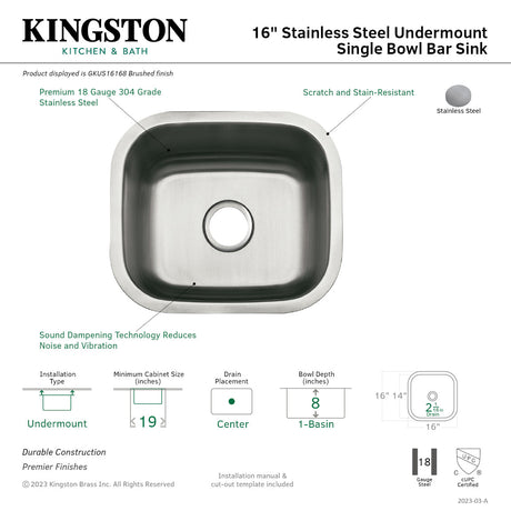 Loft GKUS16168 16-Inch Stainless Steel Undermount Single Bowl Bar Sink, Brushed