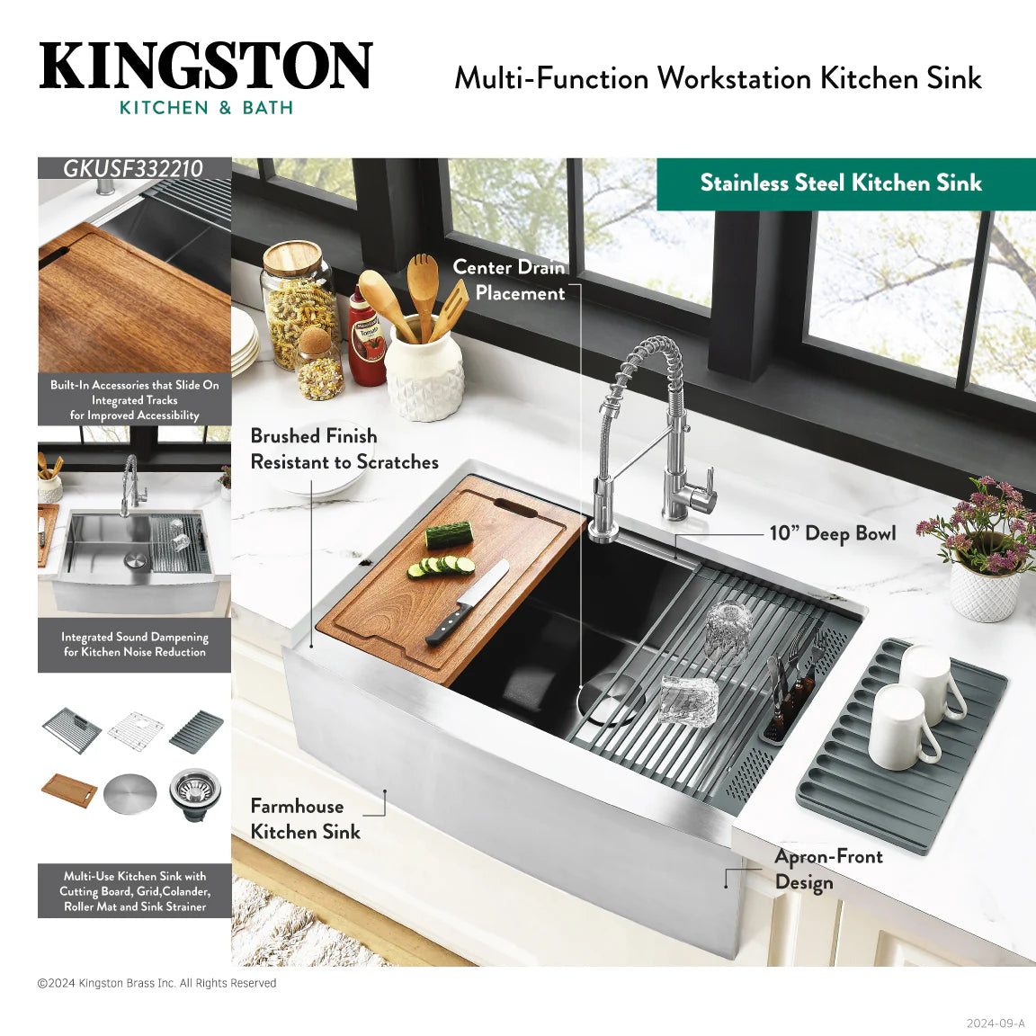 Kingston Sona GKUSF332210 - Uptowne 33-Inch Stainless Steel Apron-Front Single Bowl Farmhouse Kitchen Sink with 6-Piece Kitchen Accessory Set, Brushed Stainless Steel