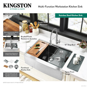 Kingston Sona GKUSF332210 - Uptowne 33-Inch Stainless Steel Apron-Front Single Bowl Farmhouse Kitchen Sink with 6-Piece Kitchen Accessory Set, Brushed Stainless Steel