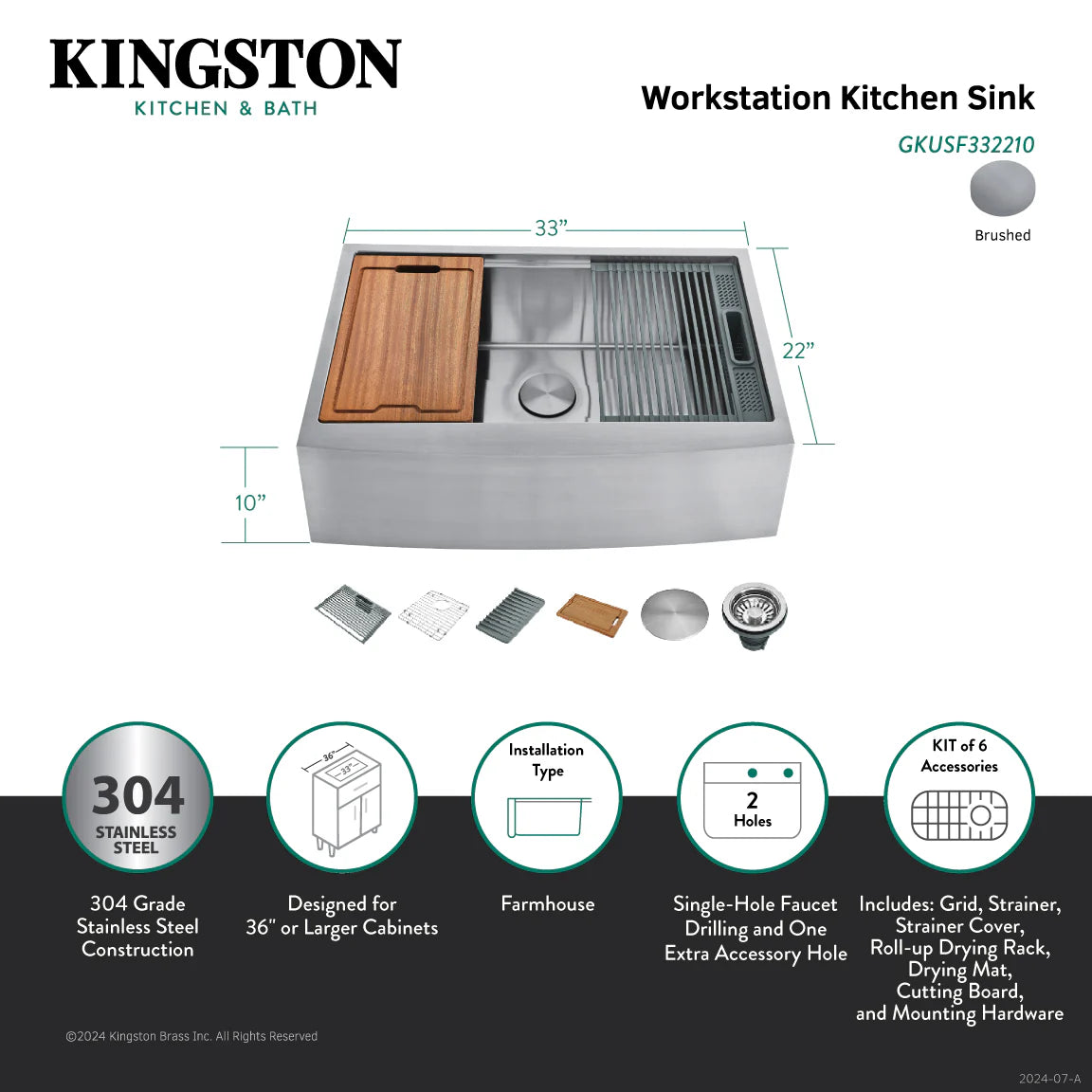 Kingston Sona GKUSF332210 - Uptowne 33-Inch Stainless Steel Apron-Front Single Bowl Farmhouse Kitchen Sink with 6-Piece Kitchen Accessory Set, Brushed Stainless Steel