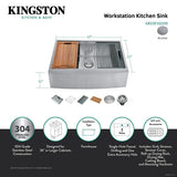 Kingston Sona GKUSF332210 - Uptowne 33-Inch Stainless Steel Apron-Front Single Bowl Farmhouse Kitchen Sink with 6-Piece Kitchen Accessory Set, Brushed Stainless Steel