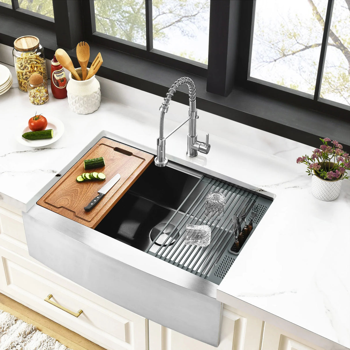 Kingston Sona GKUSF332210 - Uptowne 33-Inch Stainless Steel Apron-Front Single Bowl Farmhouse Kitchen Sink with 6-Piece Kitchen Accessory Set, Brushed Stainless Steel