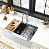 Kingston Sona GKUSF332210 - Uptowne 33-Inch Stainless Steel Apron-Front Single Bowl Farmhouse Kitchen Sink with 6-Piece Kitchen Accessory Set, Brushed Stainless Steel