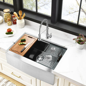 Kingston Sona GKUSF332210 - Uptowne 33-Inch Stainless Steel Apron-Front Single Bowl Farmhouse Kitchen Sink with 6-Piece Kitchen Accessory Set, Brushed Stainless Steel