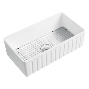 Kaolin GPKF301810 30-Inch Ceramic Apron-Front Single Bowl Farmhouse Kitchen Sink with Bottom Grid and Strainer, Glossy White