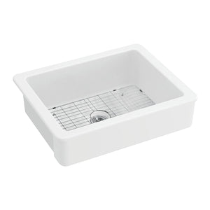 Kaolin GPKF30198 30-Inch Ceramic Apron-Front Single Bowl Farmhouse Kitchen Sink with Bottom Grid and Strainer, Glossy White