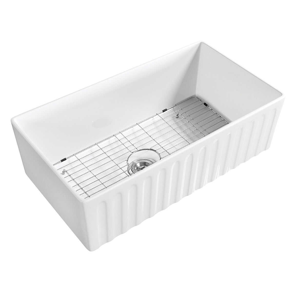 Kaolin GPKF331810 33-Inch Ceramic Apron-Front Single Bowl Farmhouse Kitchen Sink with Bottom Grid and Strainer, Glossy White