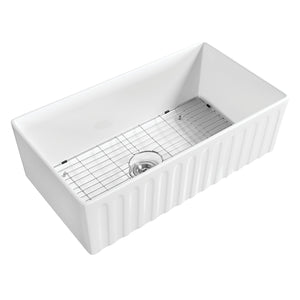 Kaolin GPKF331810 33-Inch Ceramic Apron-Front Single Bowl Farmhouse Kitchen Sink with Bottom Grid and Strainer, Glossy White