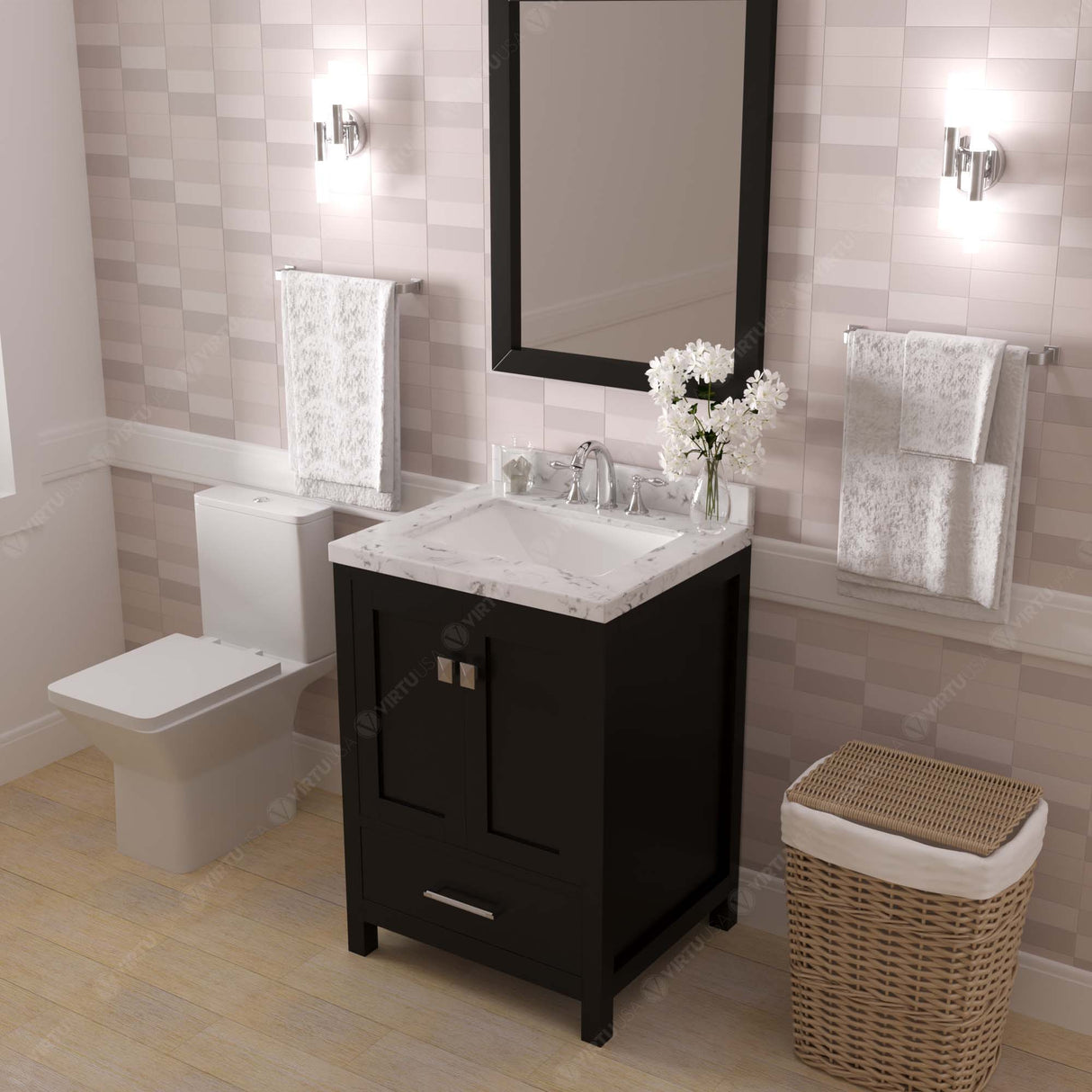 Virtu USA Caroline Avenue 24" Single Bath Vanity with White Quartz Top and Square Sink with Brushed Nickel Faucet with Matching Mirror