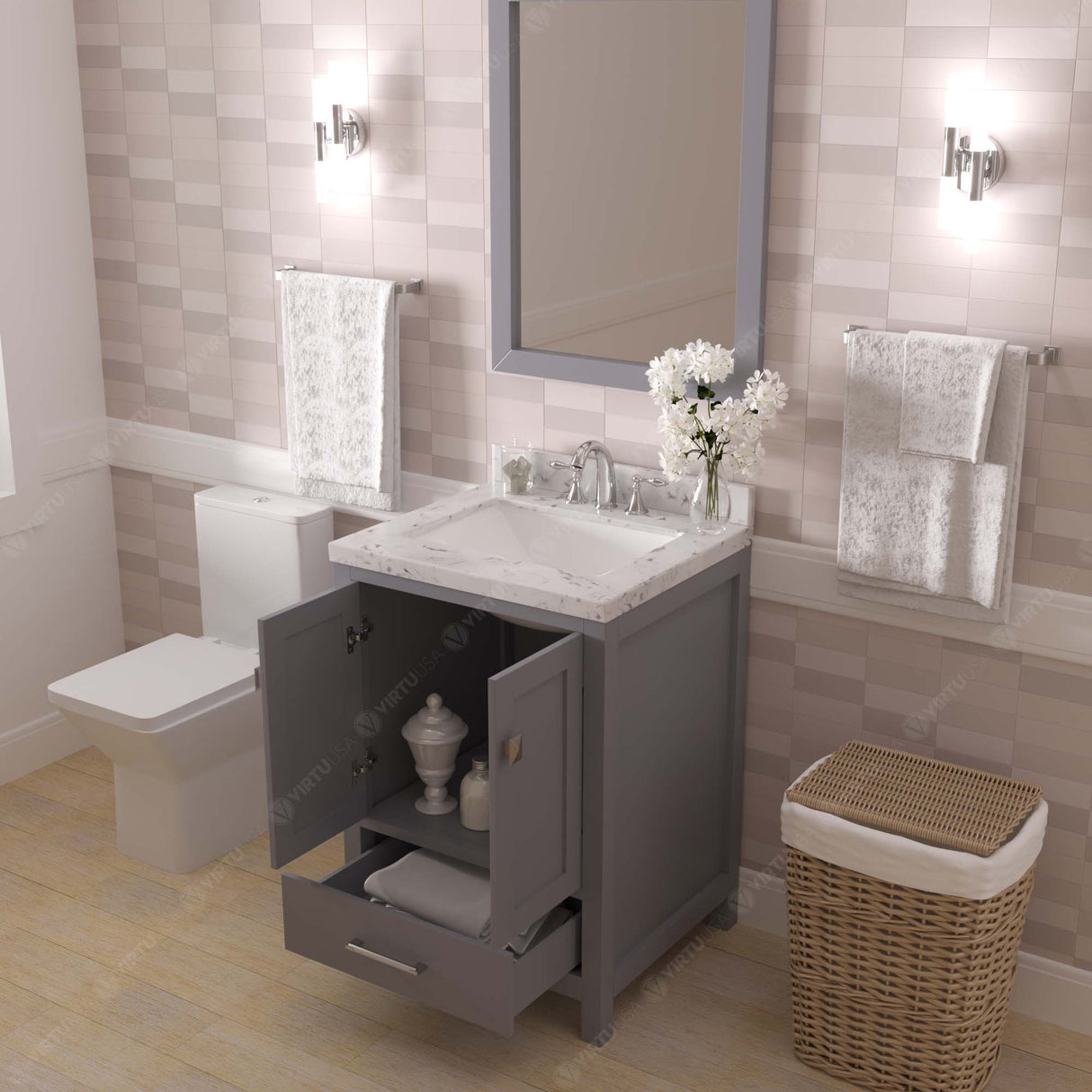 Virtu USA Caroline Avenue 24" Single Bath Vanity with White Quartz Top and Square Sink with Brushed Nickel Faucet with Matching Mirror