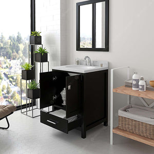Virtu USA Caroline Avenue 24" Single Bath Vanity with White Quartz Top and Round Sink with Polished Chrome Faucet with Mirror