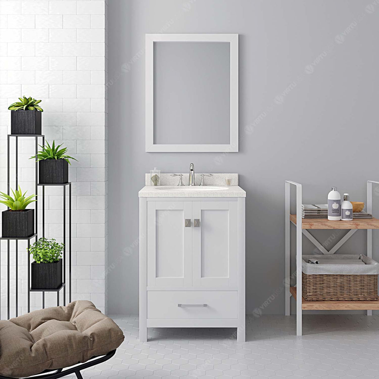 Virtu USA Caroline Avenue 24" Single Bath Vanity with White Quartz Top and Round Sink with Mirror