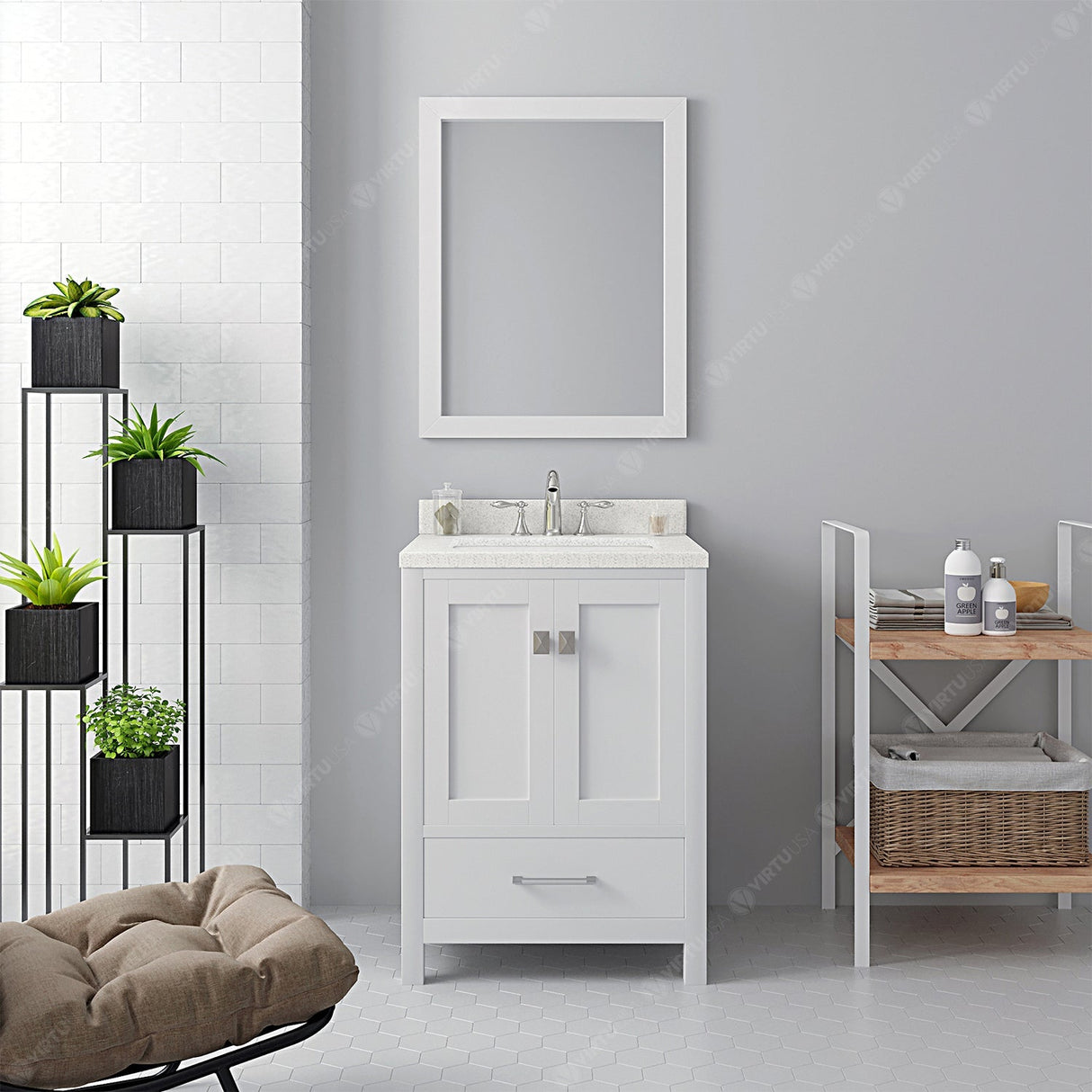 Virtu USA Caroline Avenue 24" Single Bath Vanity with Dazzle White Quartz Top and Square Sink with Matching Mirror