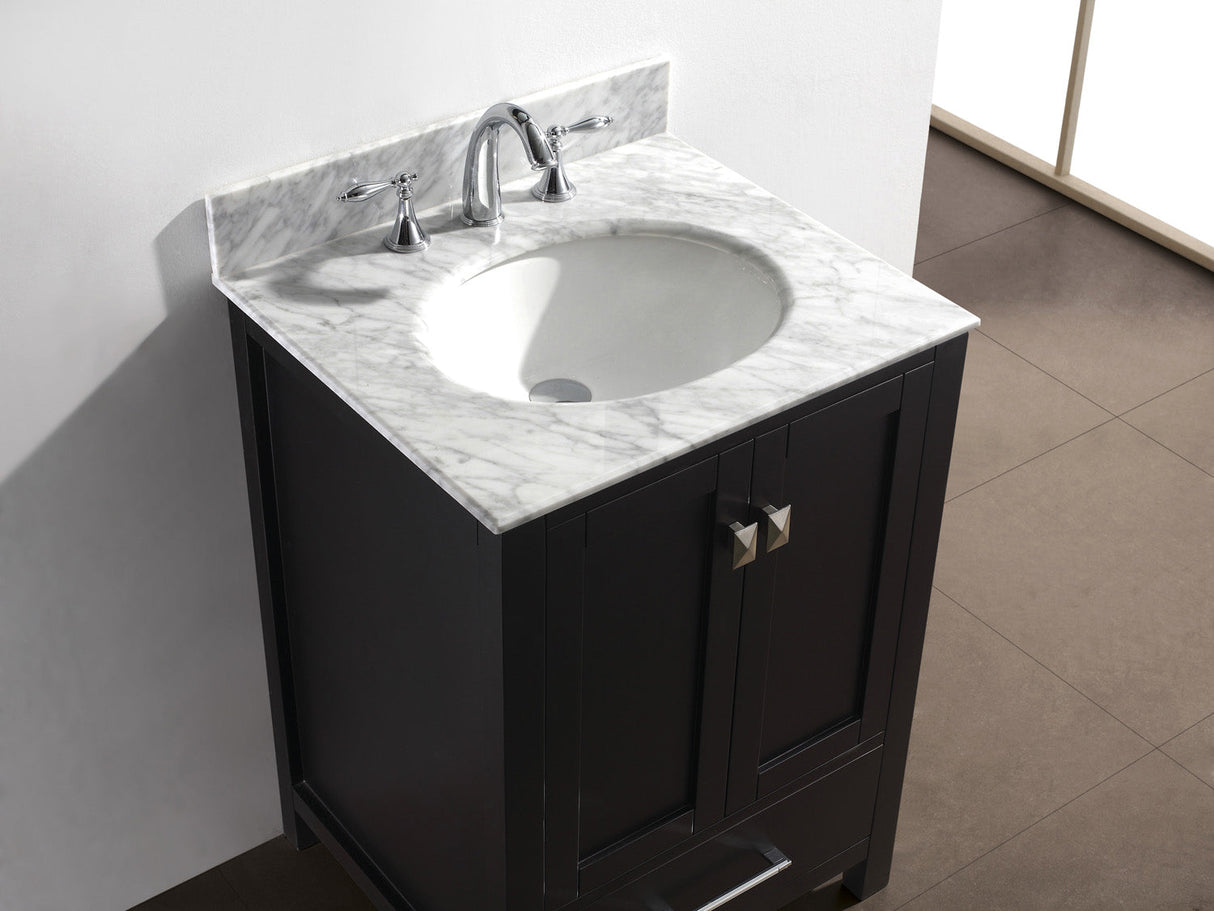 Virtu USA Caroline Avenue 24" Single Bath Vanity with White Marble Top and Round Sink with Brushed Nickel Faucet with Matching Mirror