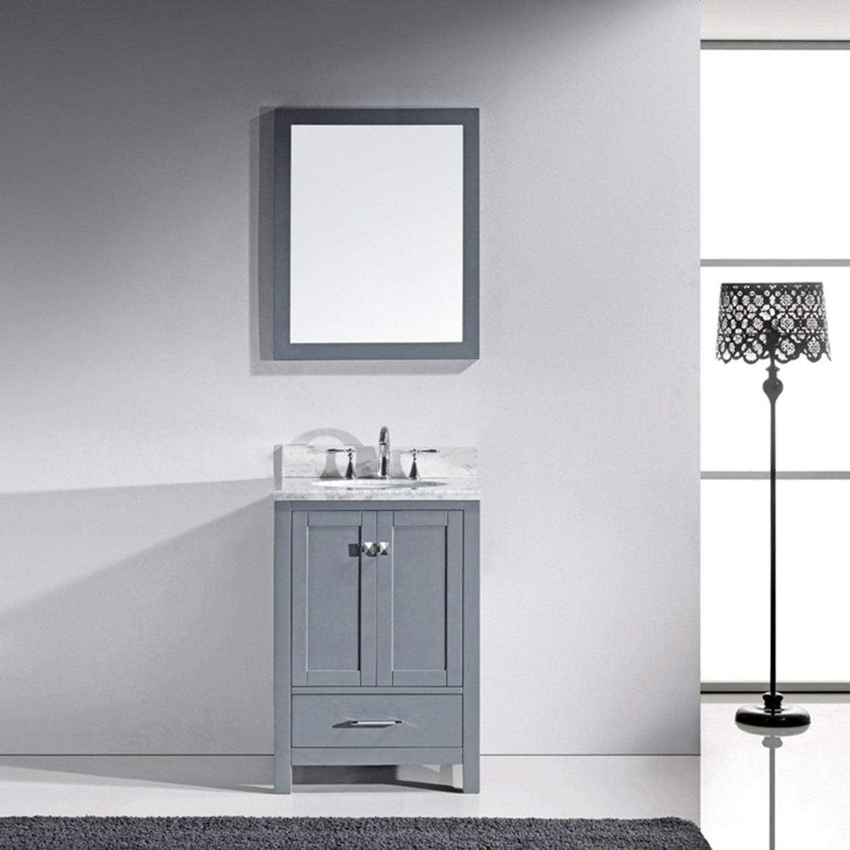 Virtu USA Caroline Avenue 24" Single Bath Vanity with White Marble Top and Round Sink with Brushed Nickel Faucet with Matching Mirror