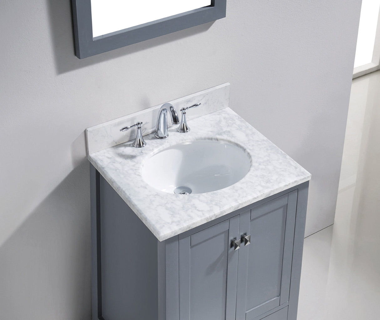 Virtu USA Caroline Avenue 24" Single Bath Vanity with White Marble Top and Round Sink with Brushed Nickel Faucet with Matching Mirror