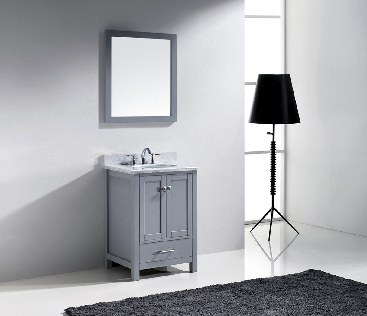 Virtu USA Caroline Avenue 24" Single Bath Vanity with White Marble Top and Round Sink with Matching Mirror