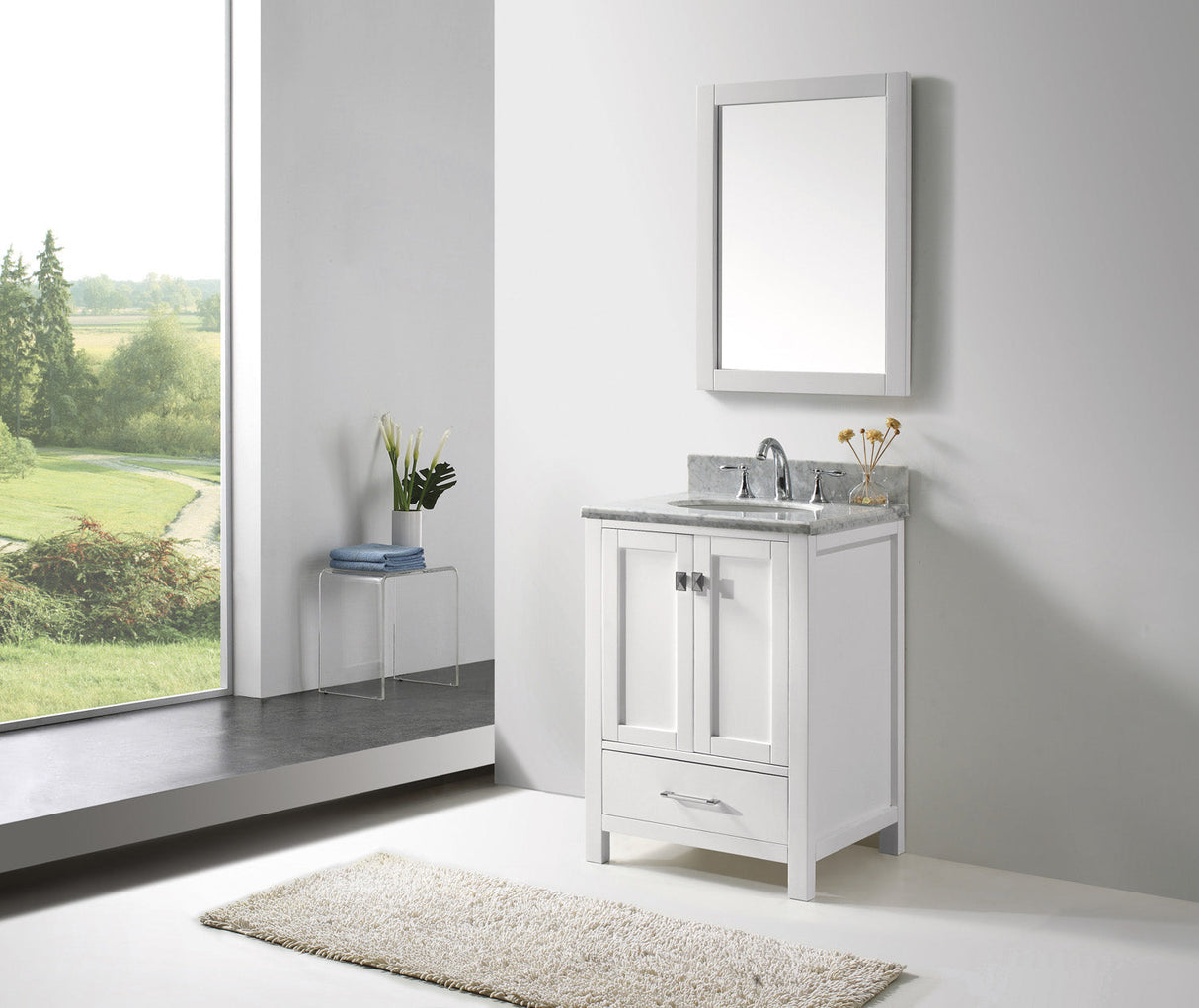 Virtu USA Caroline Avenue 24" Single Bath Vanity with White Marble Top and Round Sink with Brushed Nickel Faucet with Matching Mirror